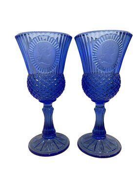 Fostoria Avon Cobalt Blue Glass George Martha Washington Set of 2 Goblets 8"